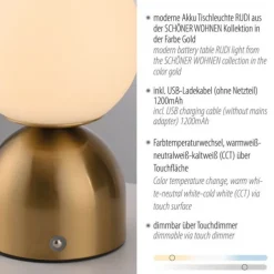SCHÖNER WOHNEN-Kollektion LED Akku Tischleuchte RUDI, gold, USB-Ladekabel