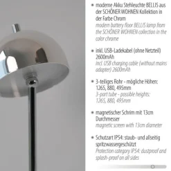Schöner Wohnen-Kollektion LED Akku Stehleuchte BELLIES, chrom, aufladbar, USB-Ladekabel