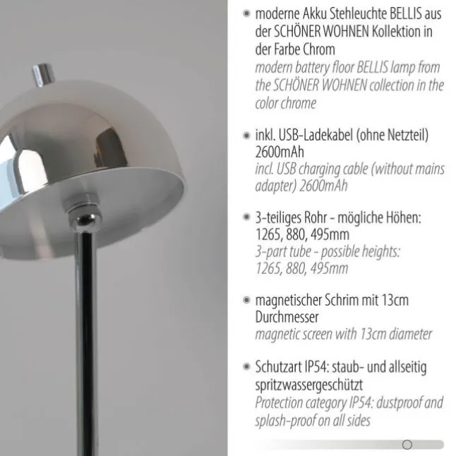 Schöner Wohnen-Kollektion LED Akku Stehleuchte BELLIES, chrom, aufladbar, USB-Ladekabel