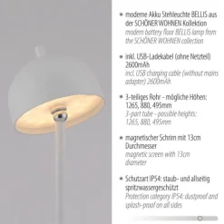 Schöner Wohnen-Kollektion LED Akku Stehleuchte BELLIES, weiss, aufladbar, USB-Ladekabel