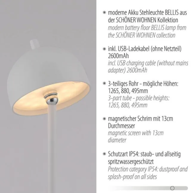 Schöner Wohnen-Kollektion LED Akku Stehleuchte BELLIES, weiss, aufladbar, USB-Ladekabel