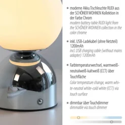 Schöner Wohnen-Kollektion LED Akku Tischleuchte RUDI, chrom, USB-Ladekabel