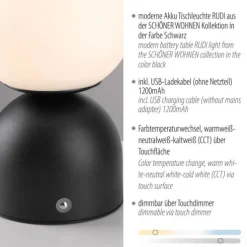 Schöner Wohnen-Kollektion LED Akku Tischleuchte RUDI, schwarz, USB-Ladekabel