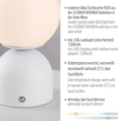 Schöner Wohnen-Kollektion LED Akku Tischleuchte RUDI, weiss, USB-Ladekabel