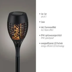 Solarfackel,Erdspießleuchte, schwarz, 3er Set mit Flammeneffekt