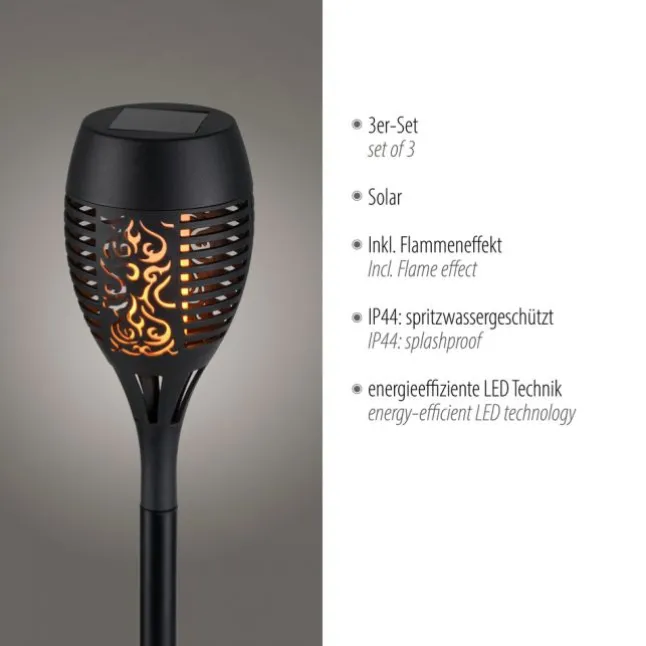 Solarfackel,Erdspießleuchte, schwarz, 3er Set mit Flammeneffekt