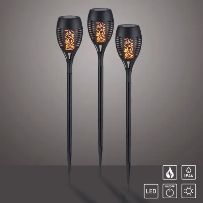 Solarfackel,Erdspießleuchte, schwarz, 3er Set mit Flammeneffekt