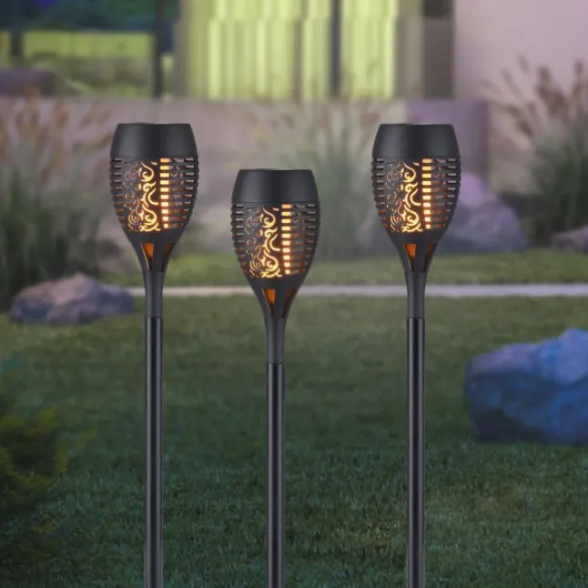 Solarfackel,Erdspießleuchte, schwarz, 3er Set mit Flammeneffekt