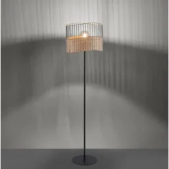 Stehleuchte, schwarz, Metall, Holzgeflecht, rustikaler Vintage Look, modern