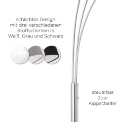 Stehleuchte stahlfarben, dreifarbige Stoffschirme, Kippschalter, E27 Fassung