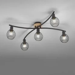 Strahler, Deckenleuchte, Holz, schwarz, 5-flammig, Drahtkorb