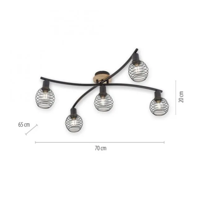 Strahler, Deckenleuchte, Holz, schwarz, 5-flammig, Drahtkorb