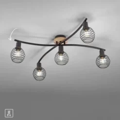 Strahler, Deckenleuchte, Holz, schwarz, 5-flammig, Drahtkorb