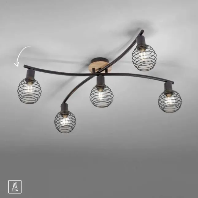 Strahler, Deckenleuchte, Holz, schwarz, 5-flammig, Drahtkorb