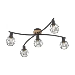 Strahler, Deckenleuchte, Holz, schwarz, 5-flammig, Drahtkorb