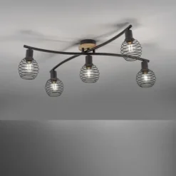 Strahler, Deckenleuchte, Holz, schwarz, 5-flammig, Drahtkorb