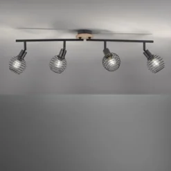 Strahler, Deckenleuchte, Holz, schwarz, 4-flammig, Drahtkorb