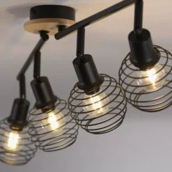 Strahler, Deckenleuchte, Holz, schwarz, 4-flammig, Drahtkorb