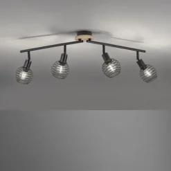 Strahler, Deckenleuchte, Holz, schwarz, 4-flammig, Drahtkorb