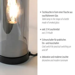Tischleuchte BOTTLE, rauchfarben, Flaschenform, Rauchglas, Schnurschalter