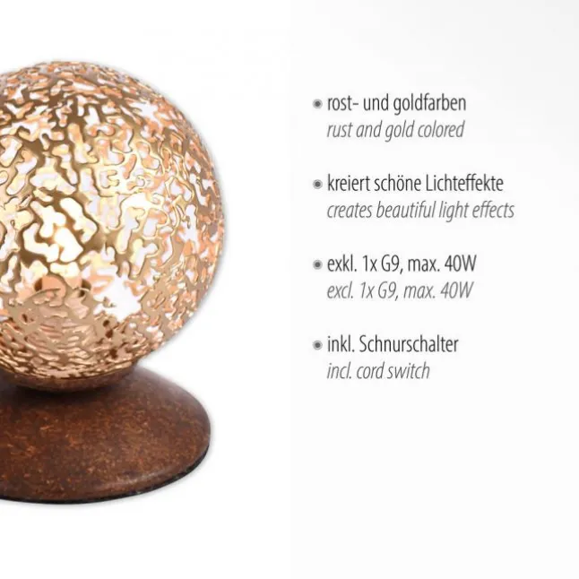 Tischleuchte, braun, gold, runder Metallschirm, G9 Fassung, Schnurschalter
