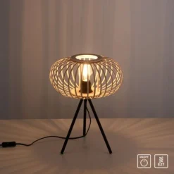 Tischleuchte, E27 für LED Leuchtmittel wechselbar, Holz Rattan