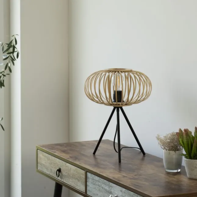 Tischleuchte, E27 für LED Leuchtmittel wechselbar, Holz Rattan