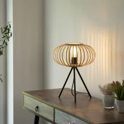 Tischleuchte, E27 für LED Leuchtmittel wechselbar, Holz Rattan