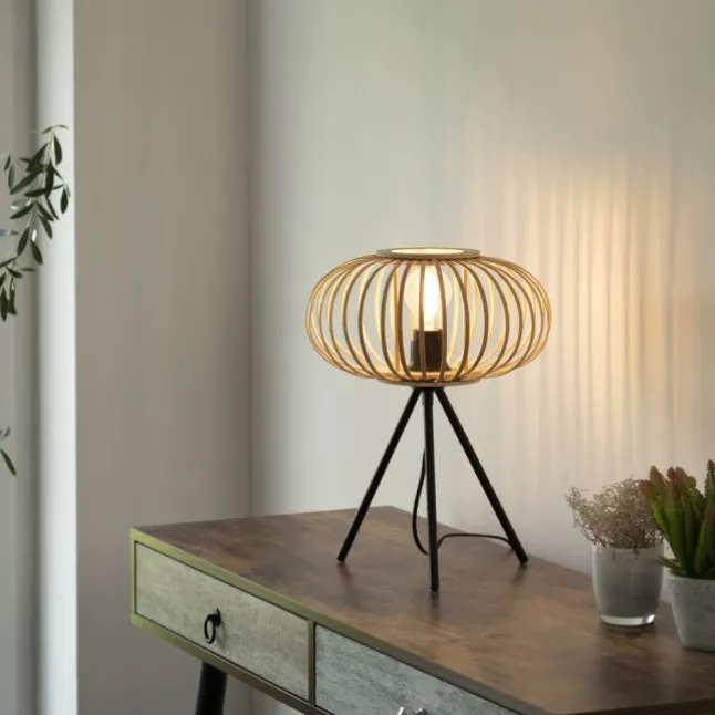 Tischleuchte, E27 für LED Leuchtmittel wechselbar, Holz Rattan