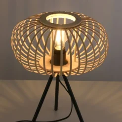 Tischleuchte, E27 für LED Leuchtmittel wechselbar, Holz Rattan