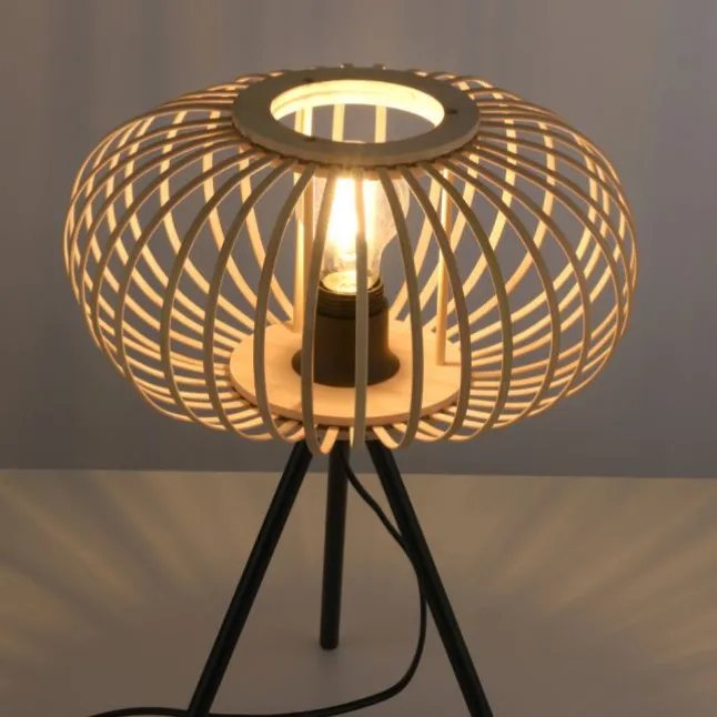Tischleuchte, E27 für LED Leuchtmittel wechselbar, Holz Rattan