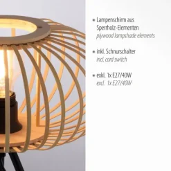 Tischleuchte, E27 für LED Leuchtmittel wechselbar, Holz Rattan