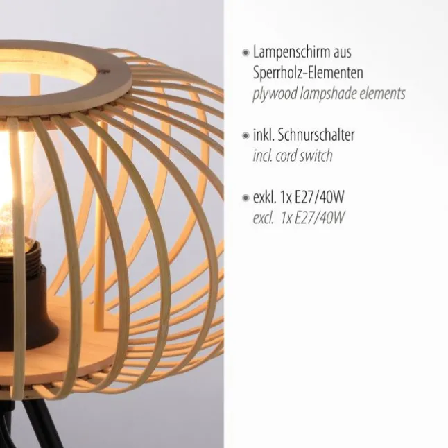 Tischleuchte, E27 für LED Leuchtmittel wechselbar, Holz Rattan