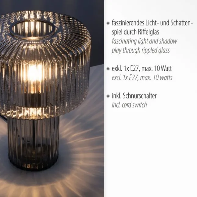 Tischleuchte, Glas, Rauchfarben, Design, E27