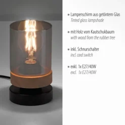Tischleuchte, Rauchglas, Holz, Robberwood, E27