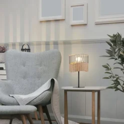 Tischleuchte, schwarzes Metall, Holzgeflecht, rustikal, Vintage, Rattan