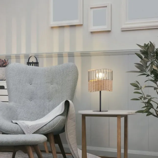 Tischleuchte, schwarzes Metall, Holzgeflecht, rustikal, Vintage, Rattan