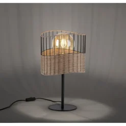 Tischleuchte, schwarzes Metall, Holzgeflecht, rustikal, Vintage, Rattan