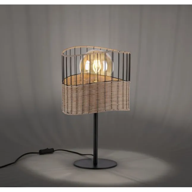 Tischleuchte, schwarzes Metall, Holzgeflecht, rustikal, Vintage, Rattan