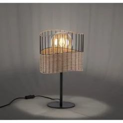 Tischleuchte, schwarzes Metall, Holzgeflecht, rustikal, Vintage, Rattan