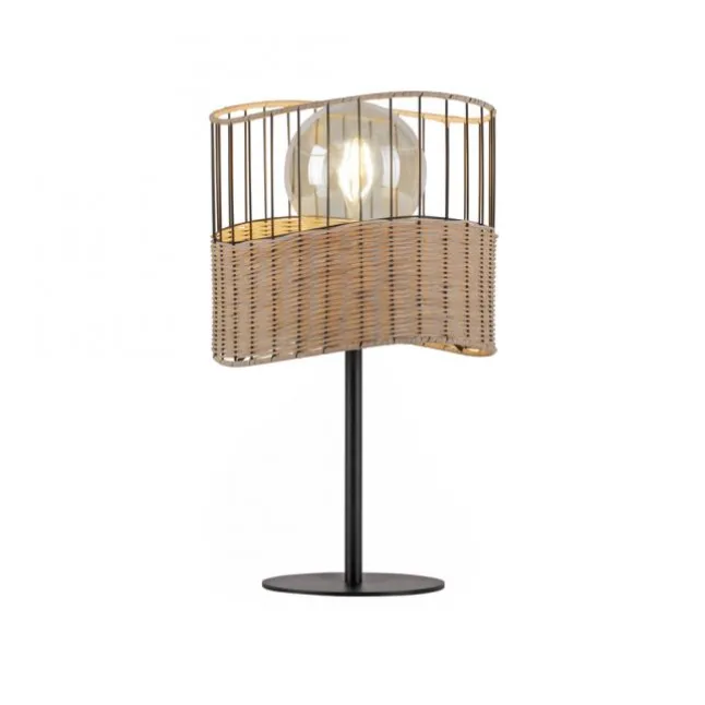 Tischleuchte, schwarzes Metall, Holzgeflecht, rustikal, Vintage, Rattan