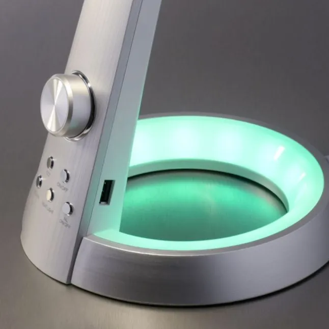 Tischleuchte, silber, LED Standfuß, dimmbar, USB-Anschluss