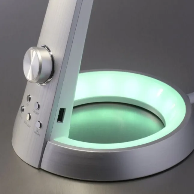 Tischleuchte, silber, LED Standfuß, dimmbar, USB-Anschluss