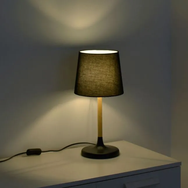 Tischleuchte, Stoffschirm, schwarz, Holz, schlicht, zeitlos