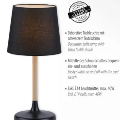 Tischleuchte, Stoffschirm, schwarz, Holz, schlicht, zeitlos