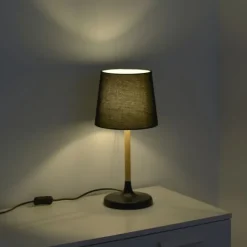 Tischleuchte, Stoffschirm, schwarz, Holz, schlicht, zeitlos