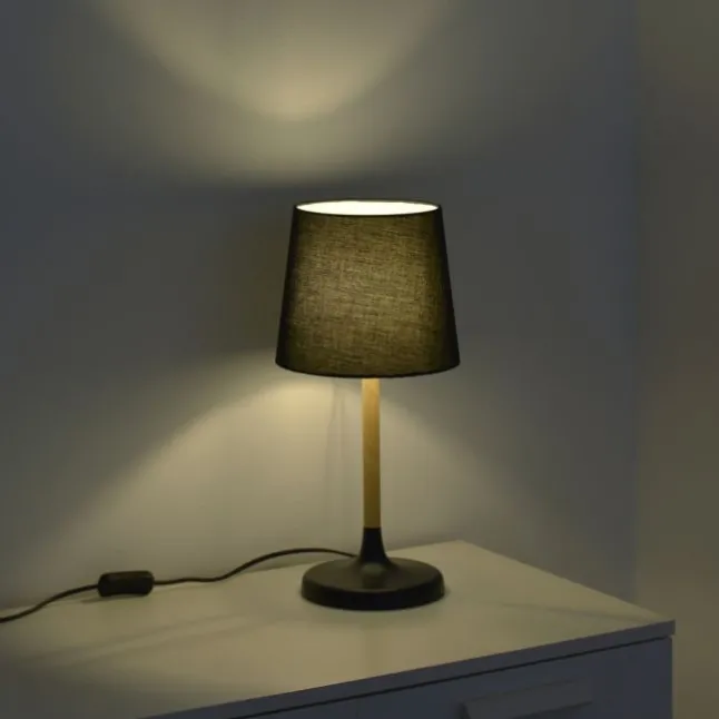 Tischleuchte, Stoffschirm, schwarz, Holz, schlicht, zeitlos