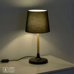 Tischleuchte, Stoffschirm, schwarz, Holz, schlicht, zeitlos