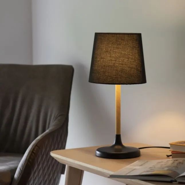 Tischleuchte, Stoffschirm, schwarz, Holz, schlicht, zeitlos