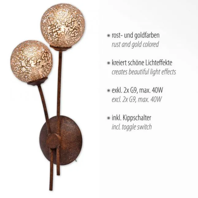 Wandleuchte, braun-gold, Landhaus-Stil, 2 Spots, lichtdurchlässiges Muster